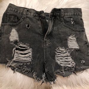 Distressed charcoal denim shorts